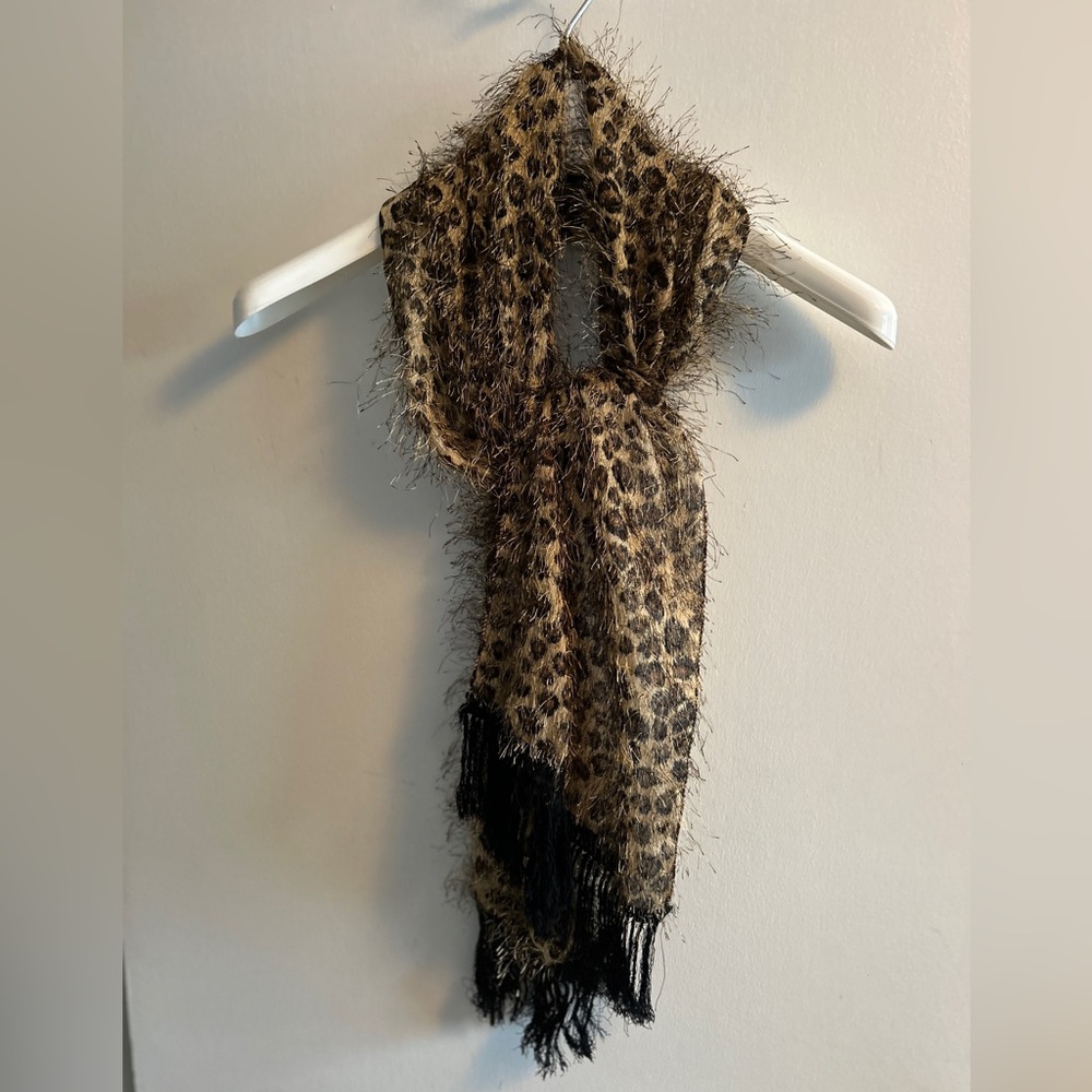 Eyelash Leopard Pattern Scarf with Black Fringe